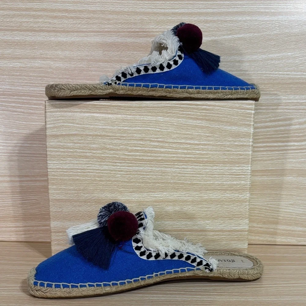 Soludos Blue Espadrille Mule Slides Tassel Pom Pom Size 8.5